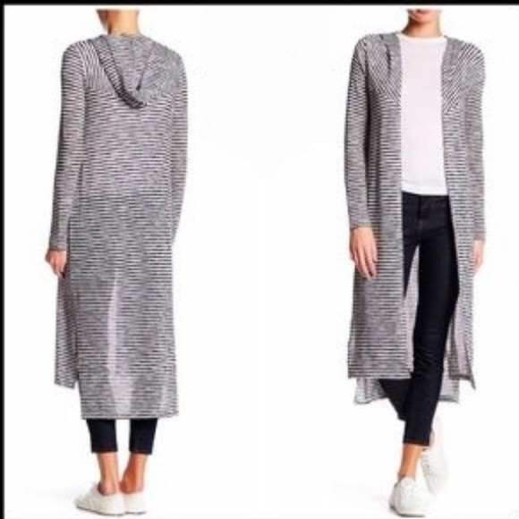 Copper Key Long Black White Stripe Duster Open Front Hooded Sweater Size Large - Picture 2 of 11